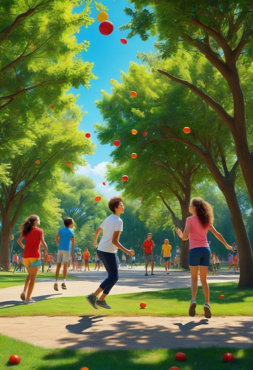 A vibrant scene depicting diverse youth engaging in various fun activities like sports, arts, and music. Include symbols of health and wellness, such as fresh fruits and playful outdoor games, all set against a backdrop of a sunny park. Incorporate joyful expressions and dynamic movement to showcase enthusiasm and energy. Ensure the colors are bright and lively to evoke a sense of happiness. super-realistic. vibrant colors. dynamic composition.