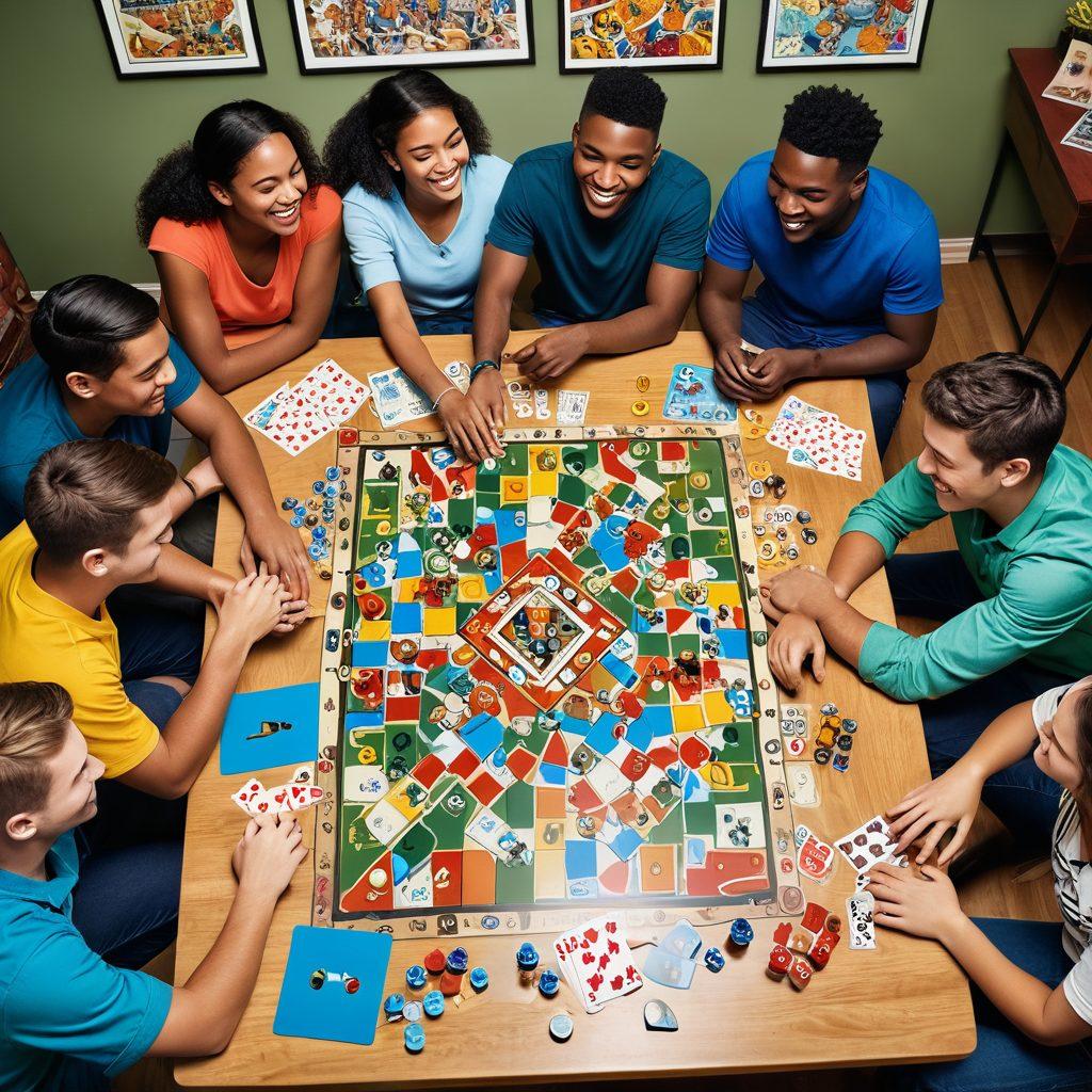 A vibrant scene of diverse young people gathered around a table playing board games, with colorful game pieces and cards scattered about. They are immersed in laughter and conversation, showcasing a variety of ethnic backgrounds and styles. Behind them, a wall filled with posters of different types of games, from video games to traditional sports. The overall atmosphere is lively and engaging, invoking a sense of fun and community. colorful illustration. dynamic composition.
