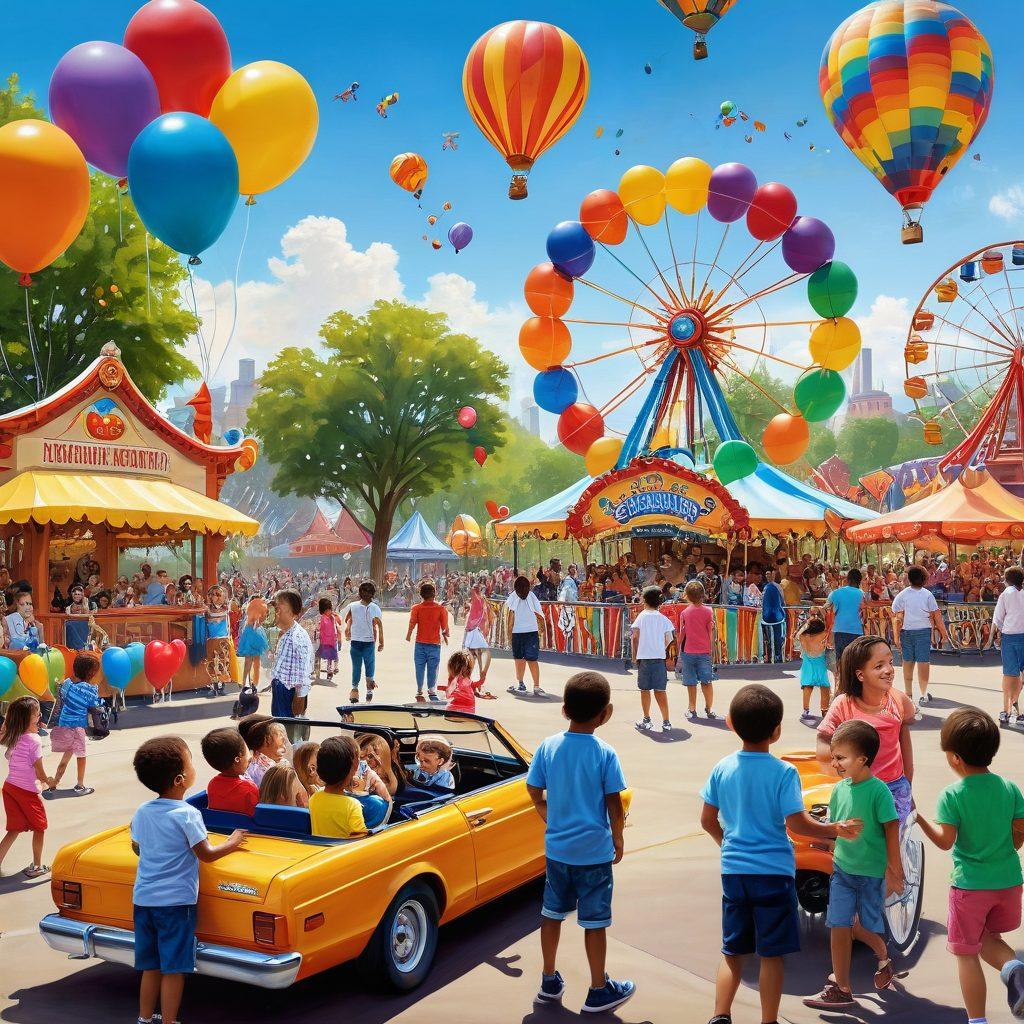A lively scene showcasing diverse children laughing and playing at a colorful amusement park, surrounded by vibrant rides, balloons, and games. In the background, a community event with families enjoying picnics, face painting, and local music, exuding a warm and inviting atmosphere. Bright sunlight illuminating the scene, enhancing the joyful spirit. super-realistic. vibrant colors. sunny day.